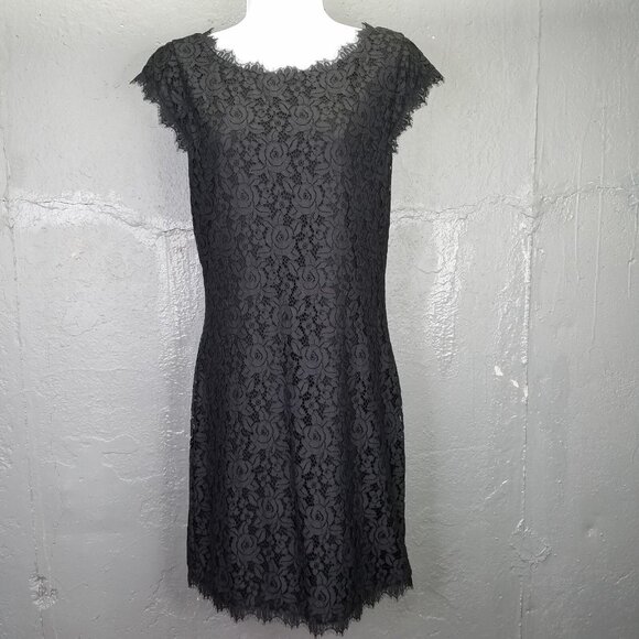 Diane Von Furstenberg Lace Dress Women's 8 Barbara Black Stretch Sheath Back Zip - Picture 1 of 12